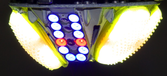 The LEDs are shown illuminated with the translucent plastic diffuser removed.